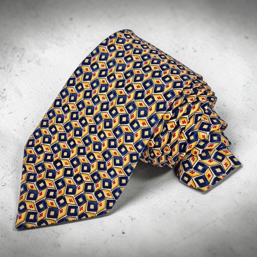 Hilditch & Key Mens Silk Tie Blue Yellow Geometric Diamond Made in England 3.75"